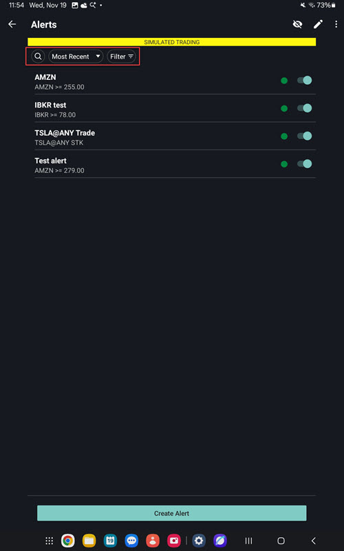 The alert filters on the android tablet